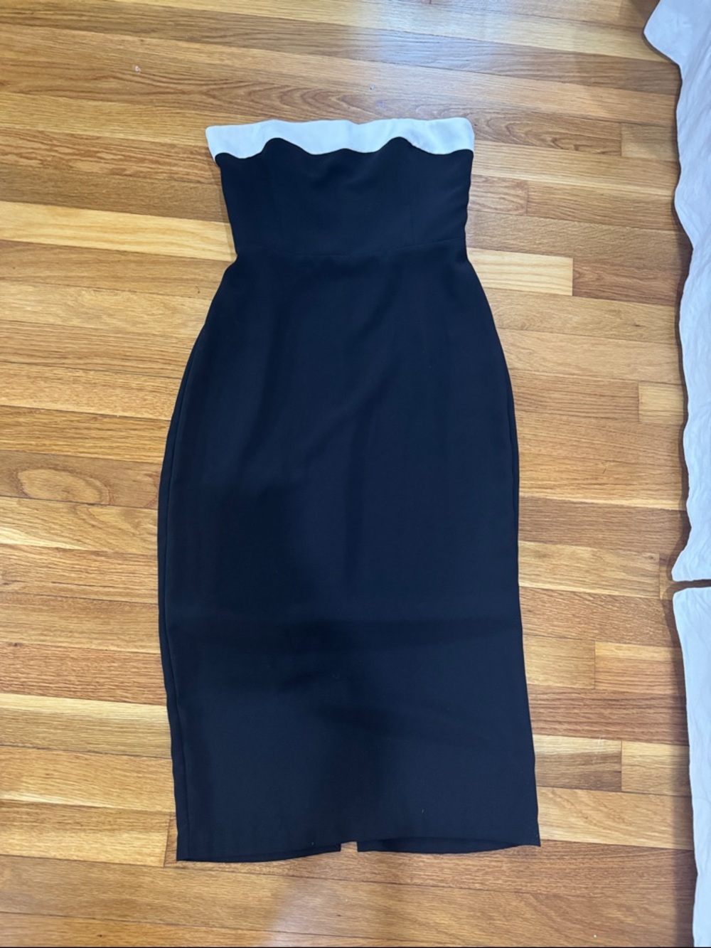 Amanda Uprichard Black Strapless Sheath with White Scalloped Trim